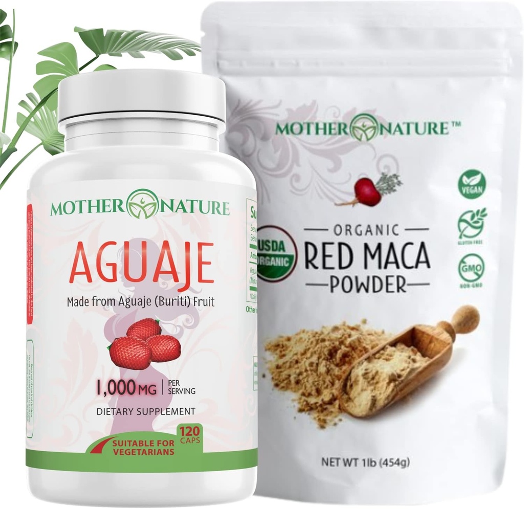 Beauty Bundle – Aguaje Capsules + Polvere Maca Rossa | Superfood organici per capelli, pelle e benessere | Ricco di vitamine e minerali | Vegan, Non OGM