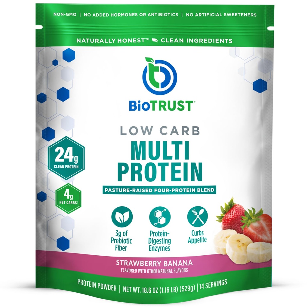 BioTrust Low Carb Protein Powder – Delicious Whey & Casein Blend from Grass-Fed Hormone Free Cows – Non OGM, Gluten Free (Strawberry Banana)