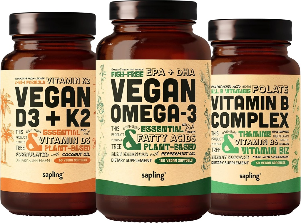Vegan Omega 3 180 Softgels & Vegan D3 + K2 & Vitamina B Complex Bundle - A base vegetale DHA & EPA acidi grassi, 4000 IU Vitamin D3 e 100mcg Vitamina K2, Vitamine B essenziali