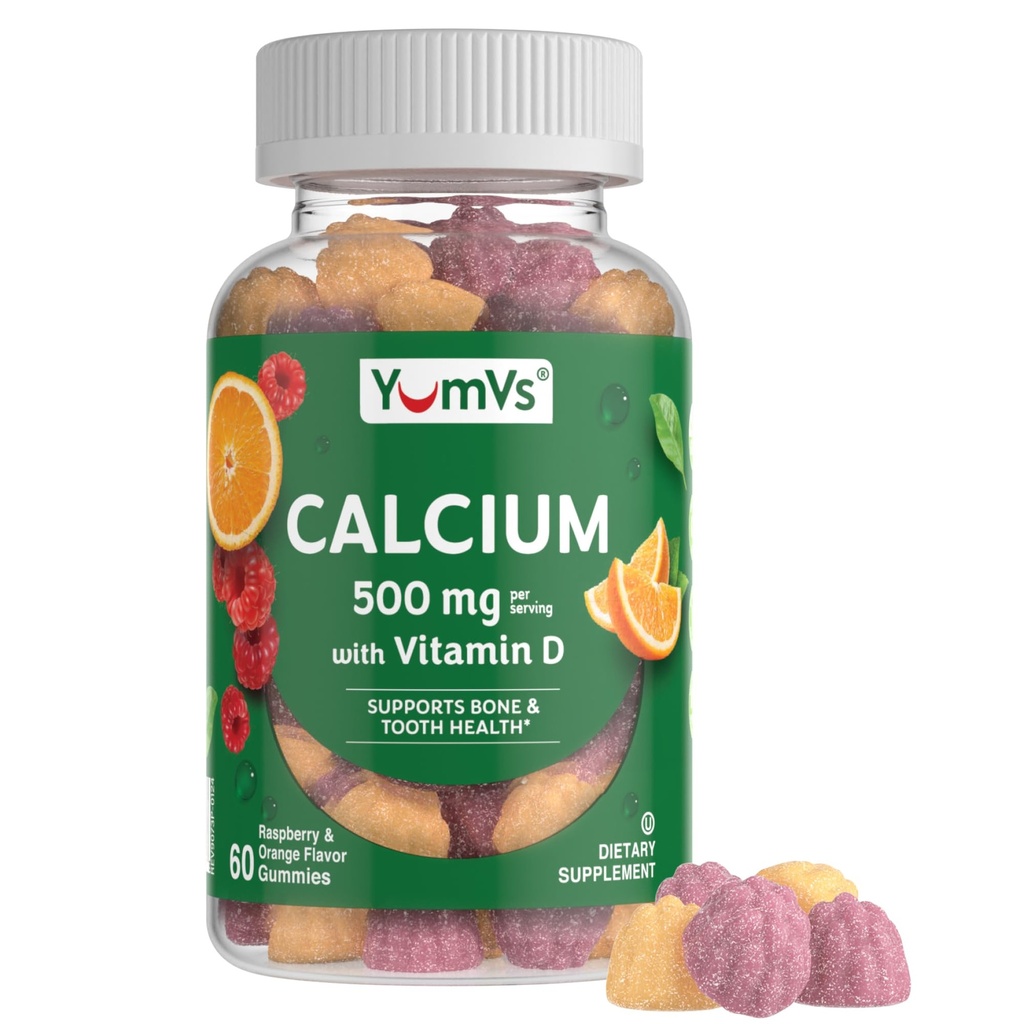 YumVs Calcium 500mg con vitamina D3 - Raspberry & Orange Flavor Calcium Vitamin D Gummies, Chewable Calcium Supplement per bambini e adulti, Vitamina D Calcium Gummies, Kosher Halal Gluten Free (60 Conte)