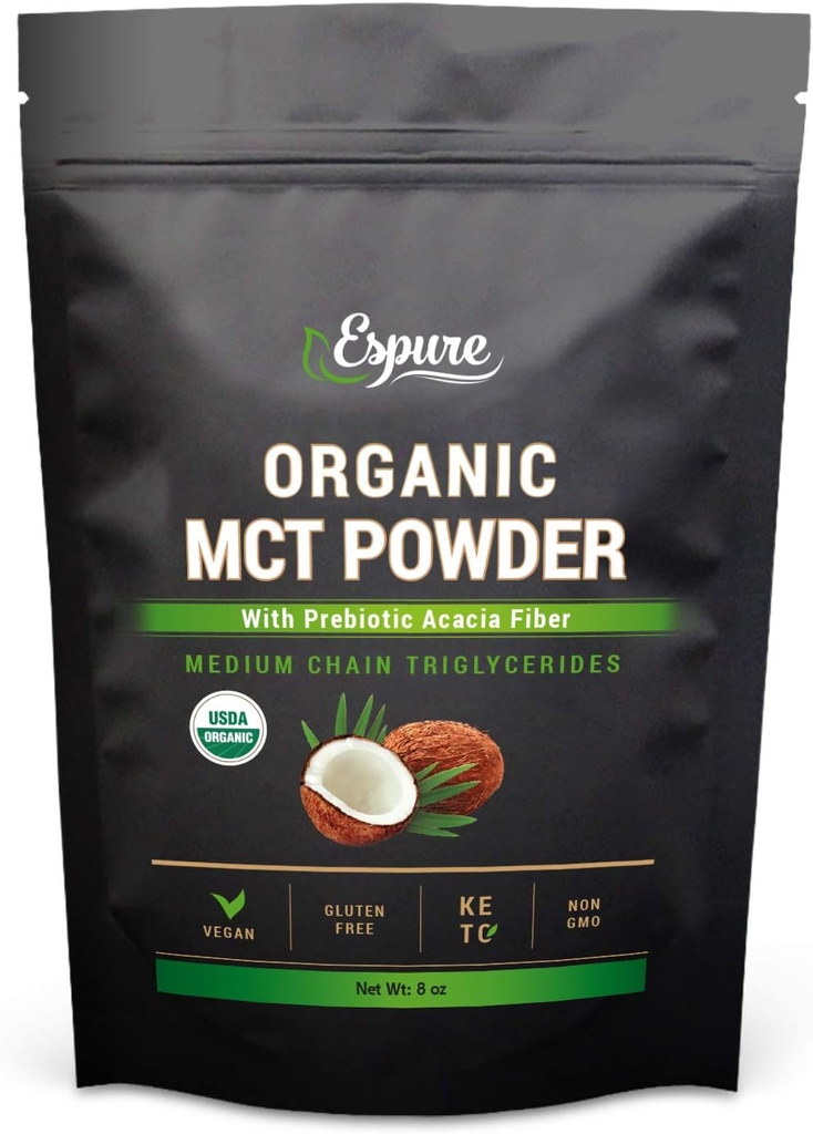 Polvere MCT organica - certificata USDA, con fibra di acacia prebiotica; Keto Friendly, Vegan, Gluten Free; 8oz