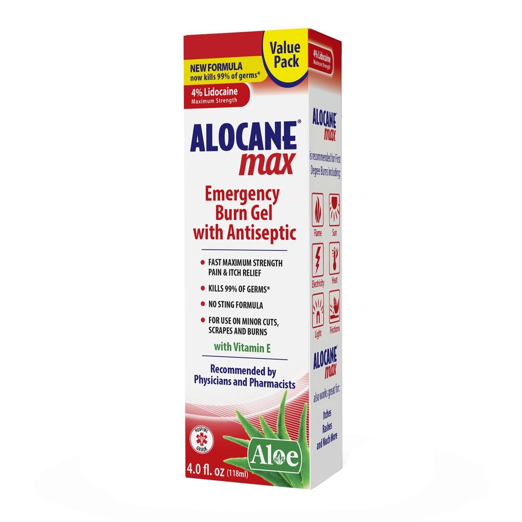 Alocane Max Emergency Burn Gel, 4% Lidocaina cloridrato, .13% Benzalkonium cloruro, massima resistenza sollievo, Itch Relief, Per Sunburns, Cucina, Radiazione, Chimica, Prime-Degree Burns, 4 Fl Oz