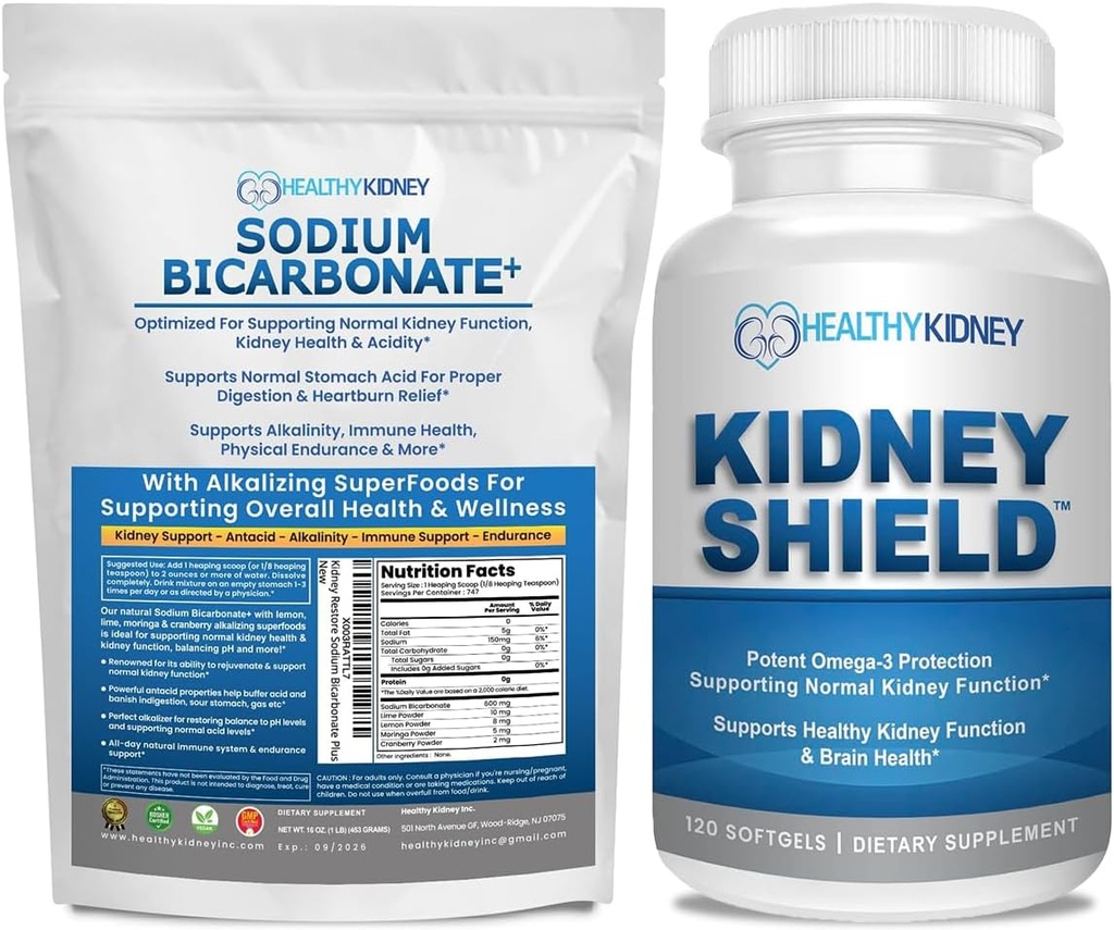 Bundle di supplemento di bicarbonato di sodio organico: 2LB polvere per l'alcalinità, acido Neutralizer & supporto del rene + 120 caps scudo del rene per la salute del rene, pulizia & supporto Omega 3