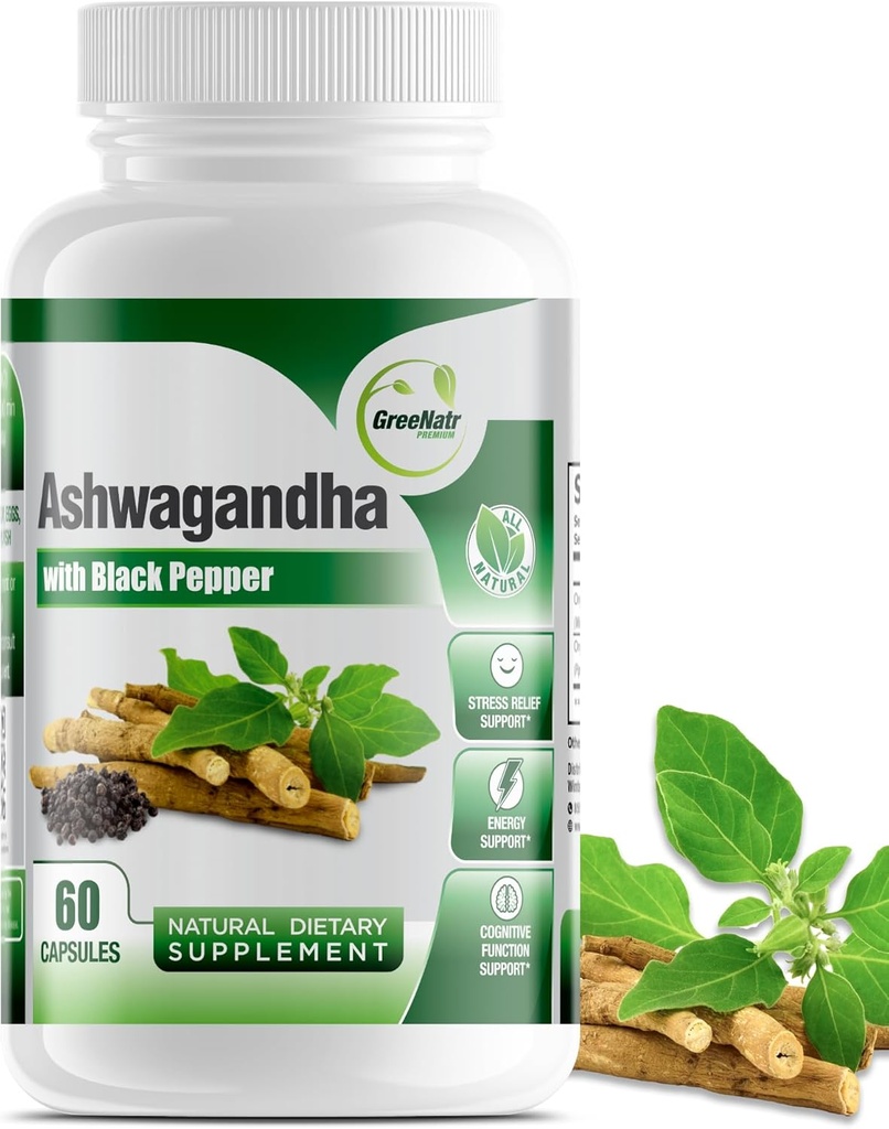 GreeNatr Organic Ashwagandha Capsule con Pepe Nero per Assorbimento Aumentato - Rialzino Mood con Funzione Energetica e Cognitiva - Capsule Veggie 1300 mg (1 Bottiglia)