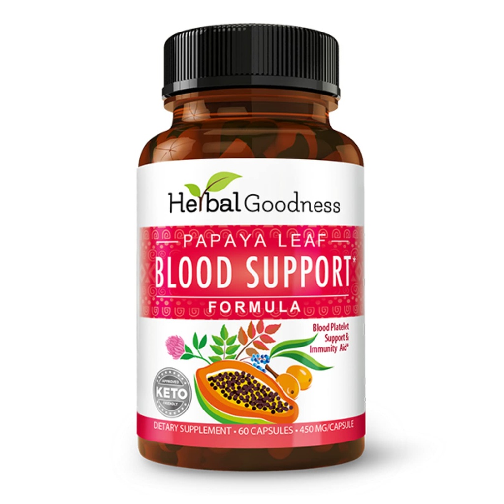 Herbal Goodness Papaya Leaf Sangue Support Capsule - Platelet & Bone Marrow Health, Immunity Support & Blood Cleanse - 60/450mg Veggie Capsule (1 Bottiglia)