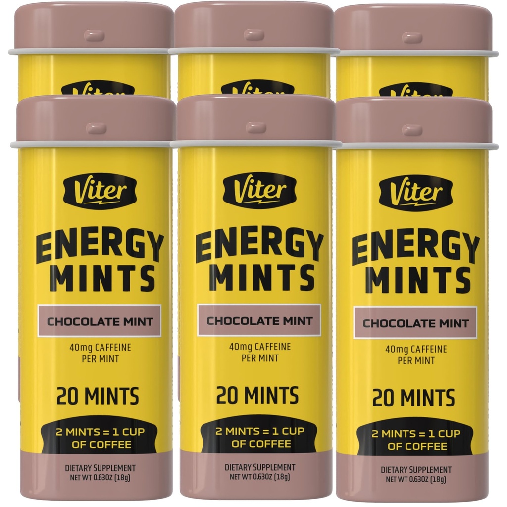 Viter Energy Caffeinaated Mints 40mg Caffeina, B Vitamine, Sugar Free. (Chocolate Mint, 20pcs, 6 Pack)