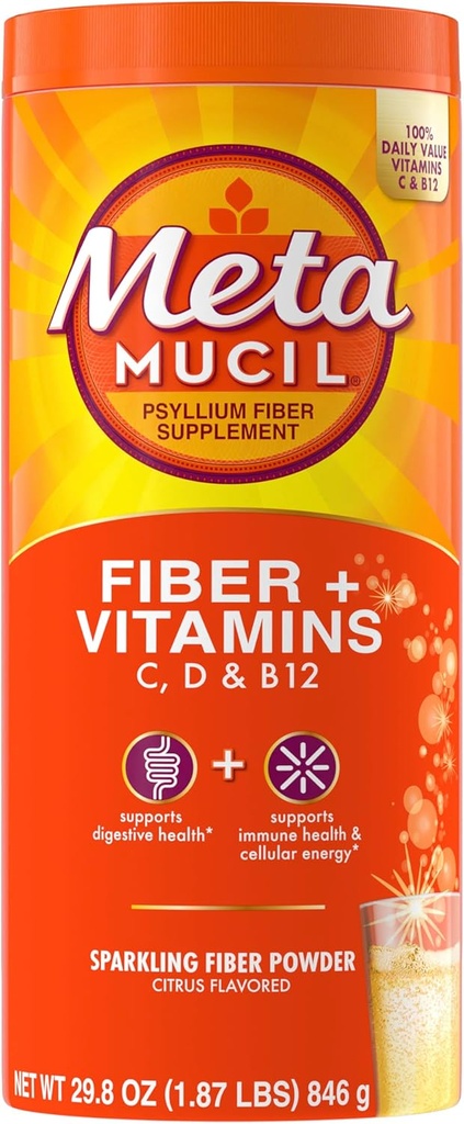 Integratore di fibra frizzante Metamucil + Vitamine, Polvere di Husk Psyllium basata sulle piante con vitamine C, D & B12, supplemento di fibra giornaliera per la salute digestiva, Citrus aromaed, senza zucchero, 90 Serve