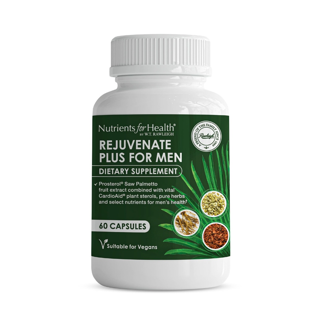 Rawleigh Rejuvenate Plus for Men: 60 Vegan Capsule | High-Potency 320mg Saw Palmetto | Pumpkin Seed, Pygeum Bark | Plant Sterols, Lycopene & Rosemary | Prostate Health Support Supplemento