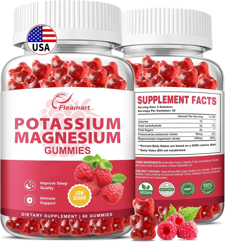 Potassio Magnesio Gummies Citrato di potassio 99mg Citrato di magnesio 250mg Magnesio supplemento complesso di potassio, supporto immunitario, 60 Raspberry Gummies 2 Pack