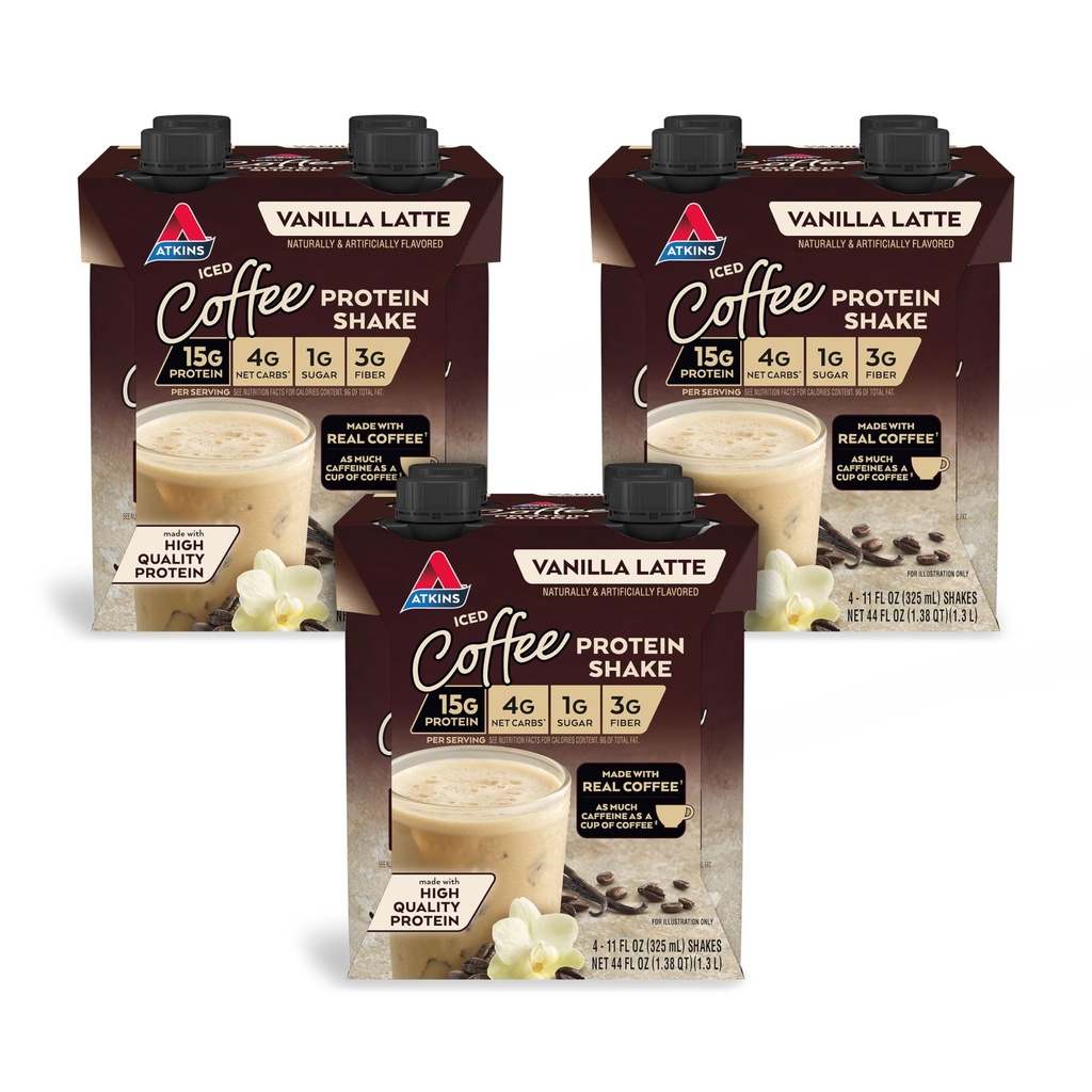 Atkins Iced Coffee Vanilla Latte Protein Shake, 15g Protein, Low Glycemic, 4g Net Carb, 1g Sugar, Keto Friendly, 12 confezioni da 11 fl Oz
