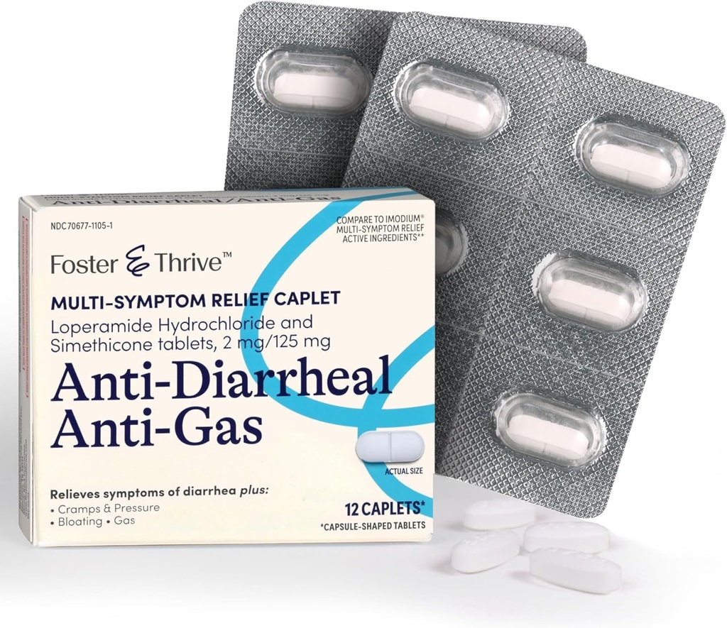 Foster & Thrive Loperamide Hydrochloride e Simethicone Anti-Diarrheal Anti-Gas Multi-Symptom Relief, 48 Caplets, Trattamento di Diarrea, Gas, Bloating, Cramps & Pressure, 12 Caplets (Pacchetto di 4)
