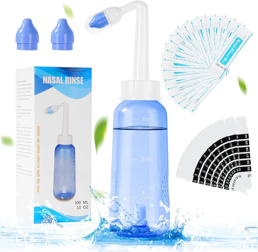 URAQT Neti Pot, Nasal Rinse Kit Lavaggio a naso, 300ml Sinus Rinse Bottiglia con 20 Nasal Wash Salt Packets e 10 Termometro Sticker, Pressione Rinse Irrigazione nasale per Adulto e Kid BPA Free