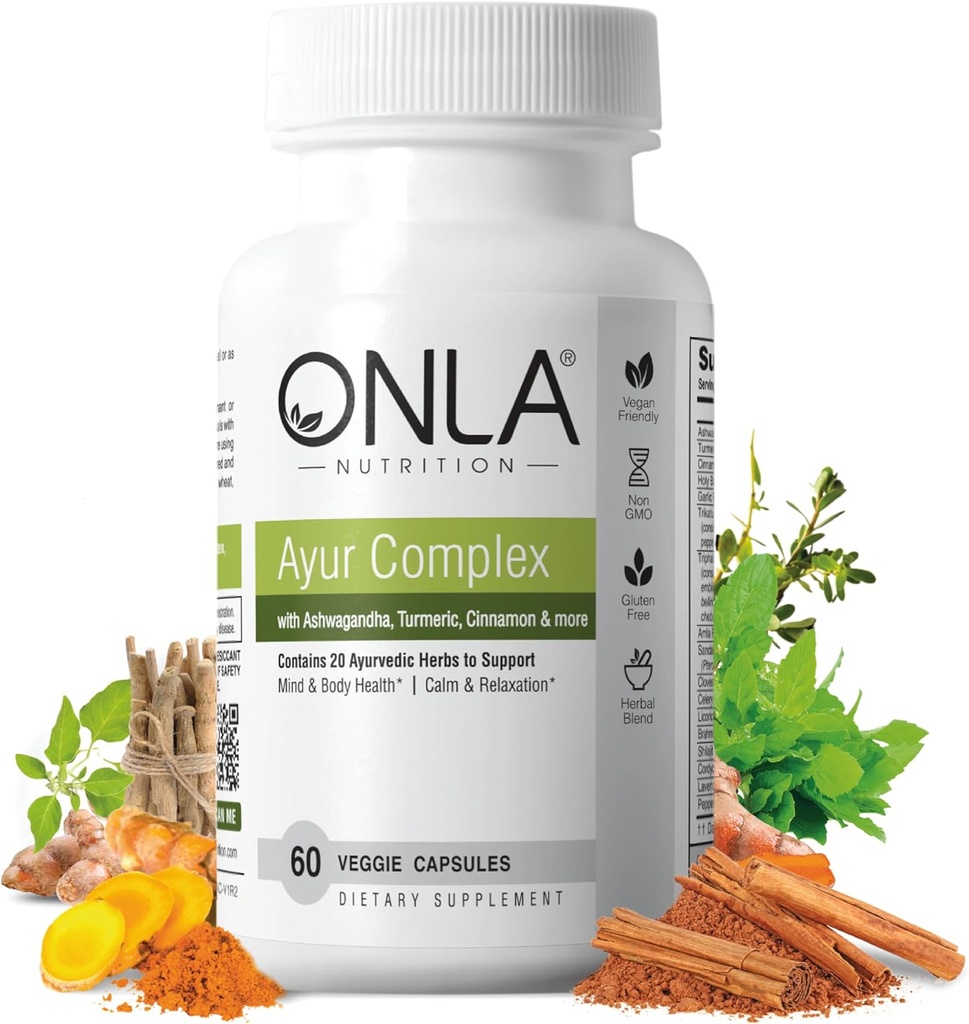 ONLA Vegan Ayurveda Integratori di erbe (20-in-1 capsule di erbe) - Integratori di curcuma con Ashwagandha, Cinnamon, Triphala, Brahmi - Ingredienti naturali, Integratori di energia vegetale (60 Cap)