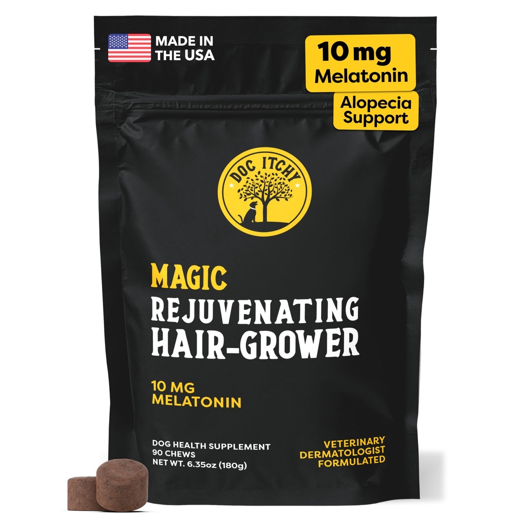 Doc Itchy ringiovanente Hair-Grower Dog Pet Chews | Melatonina 10mg per cani | Hair Growth Booster | Senior Dog Energizer | Calming | Medical-Strength | Food Allergy Safe | Vegan | 90 Count