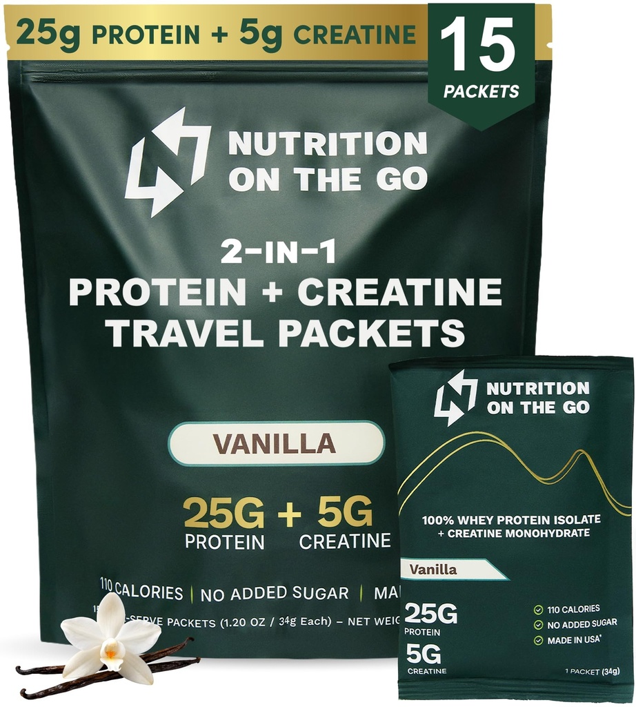 Nutrizione sui pacchetti Go Whey Protein Isolate con Creatina – 25g Protein + 5g Creatina – Polvere di proteine da viaggio singola – Vanilla (15-Pack)