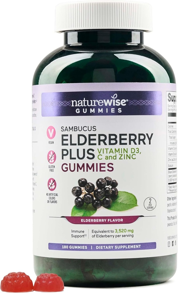 NatureWise Sambucus Elderberry Gummies - Integratore di Supporto Immune per Bambini Età 4+ & Adulti con Vitamina C, D3, Zinco - Anziani Equivalente a 3520mg - Vegan, Non-GMO - 180 Count[90-Day Supply]
