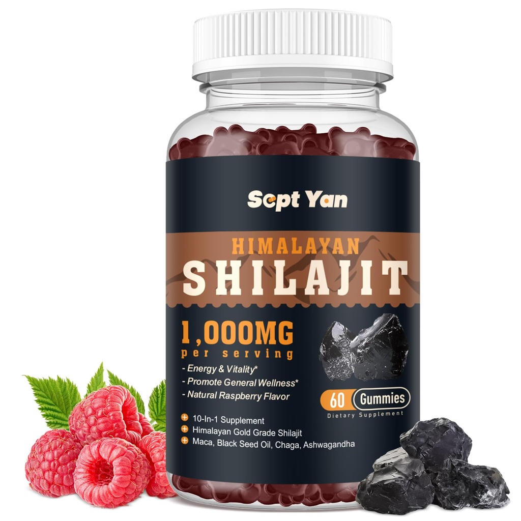 Shilajit Gummies 1000mg - Shilajit Pure Himalayan Organic for Men & Women 85+ Trace Minerals Shilajit Resina con Ashwagandha, Maca, Black Seed Oil - Energia, Cervello, Immunità, Sugar Free Raspberry 60ct