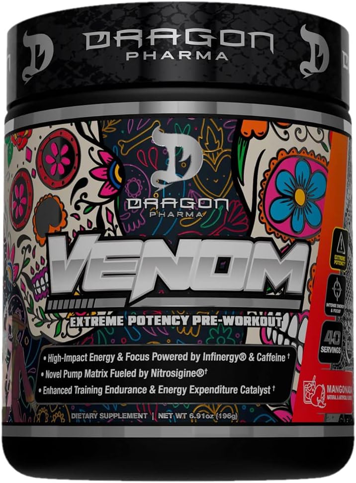 DRAGON PHARMA Venom Extreme Potency Pre-Workout, Laser Sharp Focus + Energy, Performance Intensa, Ingredienti Proven per Vasodilation & Endurance (40 Serve, Mangonada)