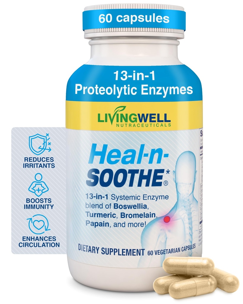 Integratori di supporto congiunti HEAL-N-SOOTHE - Enzimi Proteolitici come Bromelain & Papain, con Boswellia, Turmeric & Ginger- Promuove la funzione digestiva delle proteine & Body Defense Wellness- 60 Count (1 pacchetto)