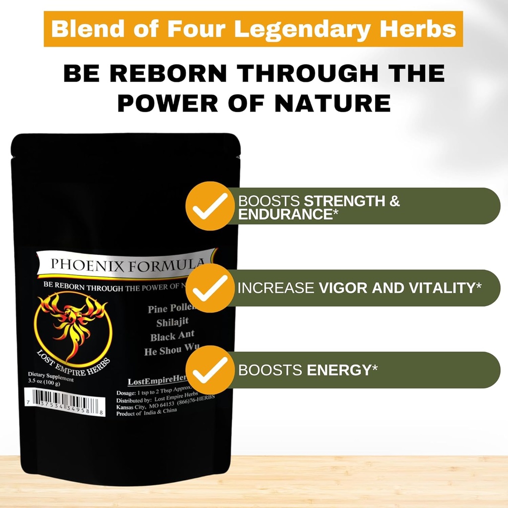 Formula di ringiovanimento Phoenix - Melanzana di energia delle erbe perdute dell'impero di 4 migliori erbe naturali Polline di pino, He Shou Wu, Ant e Shilajit (100g polvere)