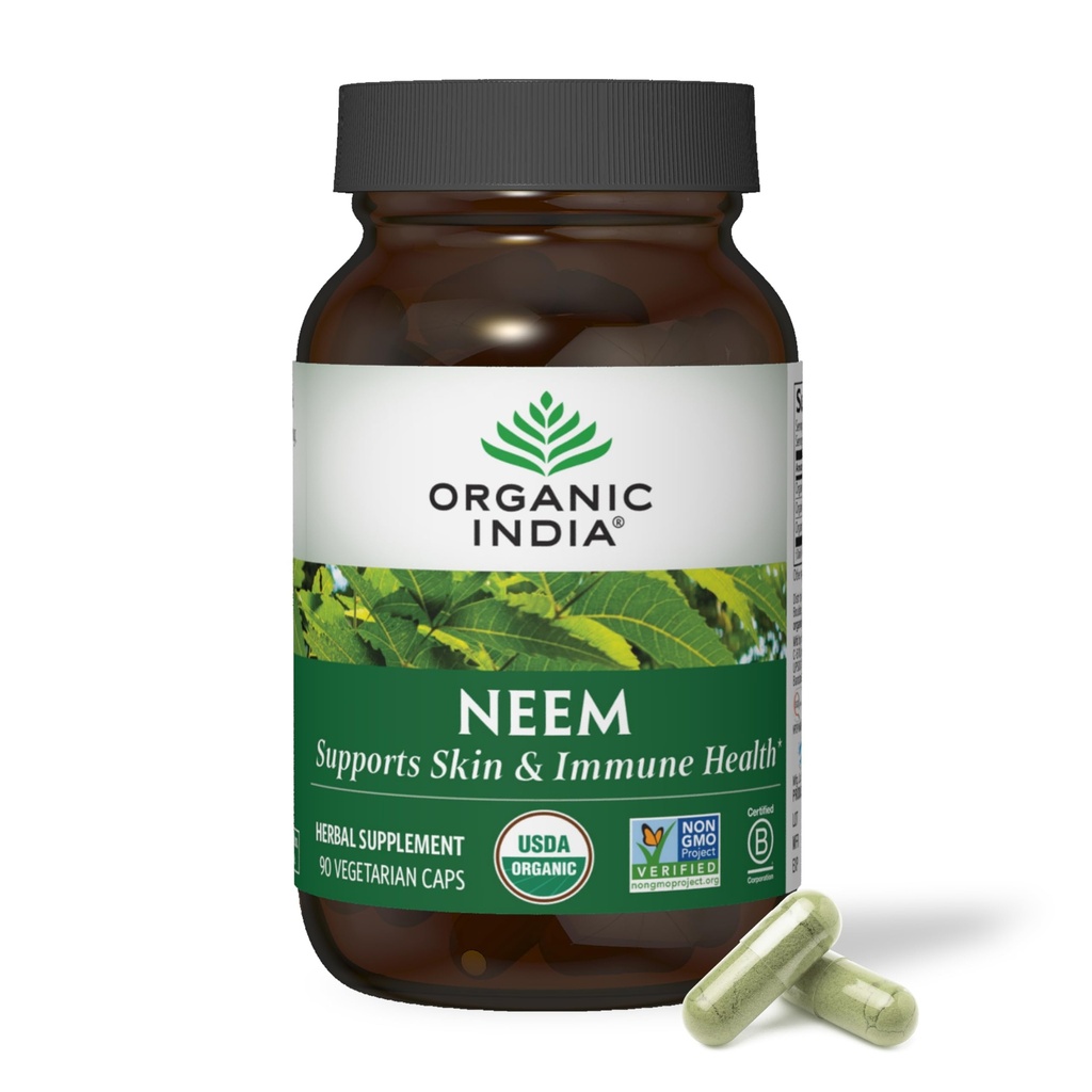 ORGANIC INDIA Neem Leaf Capsule - Integratore di erbe, Supporta la pelle e la salute immunitaria, Vegan, Gluten Free, USDA Certified Organic - 90 Count