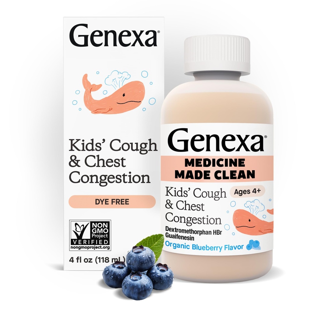 Genexa Kids’ Clean Cough & Chest Congestion Medicine, Dye Free, 0% Additivi artificiali, Multi-Symptom Cough Syrup per bambini 4-11, Cough Suppressant & Expectorant, Organic Blueberry Flavor, 4 fl oz