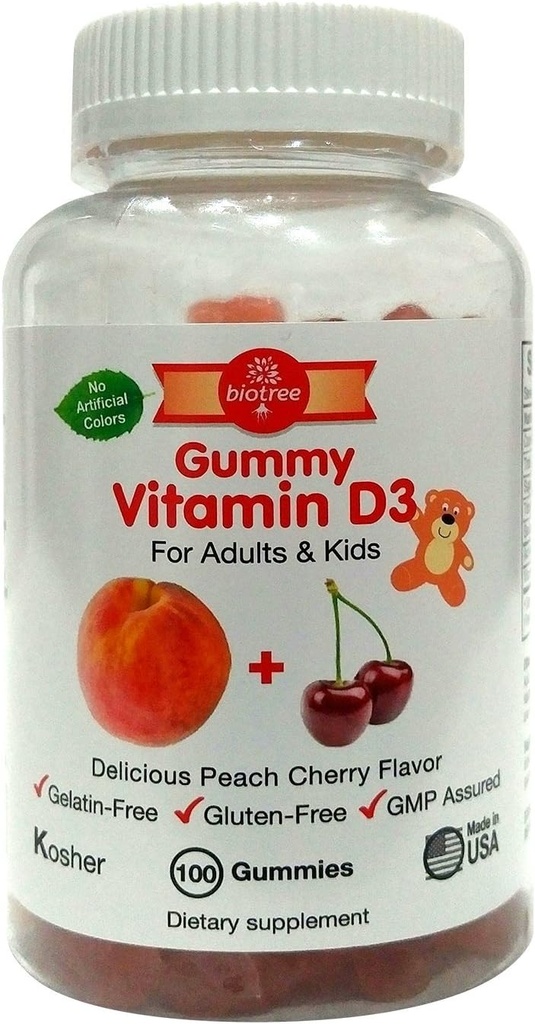 BioTree Labs Vitamin D Gummy Bears - Confezione da 100, per adulti e bambini | Peach & Cherry aromaed Chewable Vitamin D3 | Ottimo per le ossa sane, denti, sistema immunitario, cervello e sistema nervoso