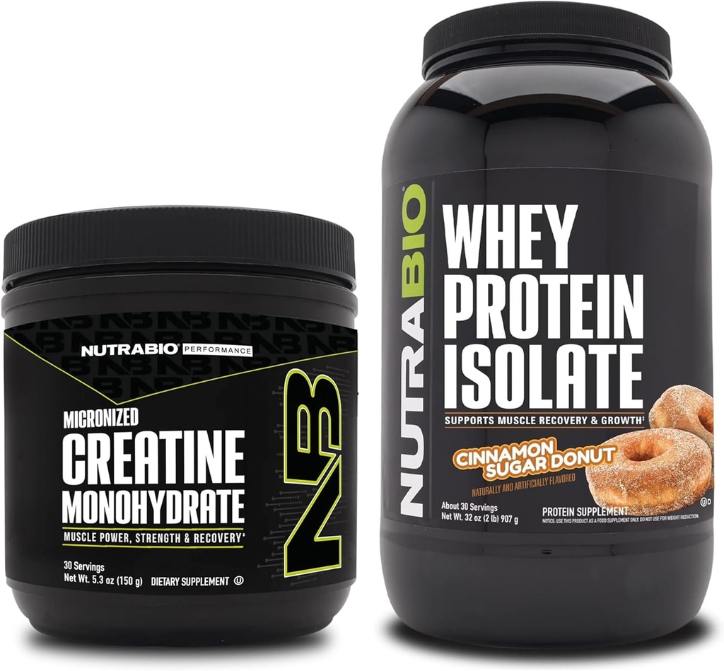 NutraBio Creatina monoidrato, non aromatizzato, 150g e isolato di proteine del siero, cinamone Zucchero, supplemento Bundle - energia muscolare, crescita muscolare magra, recupero e resistenza