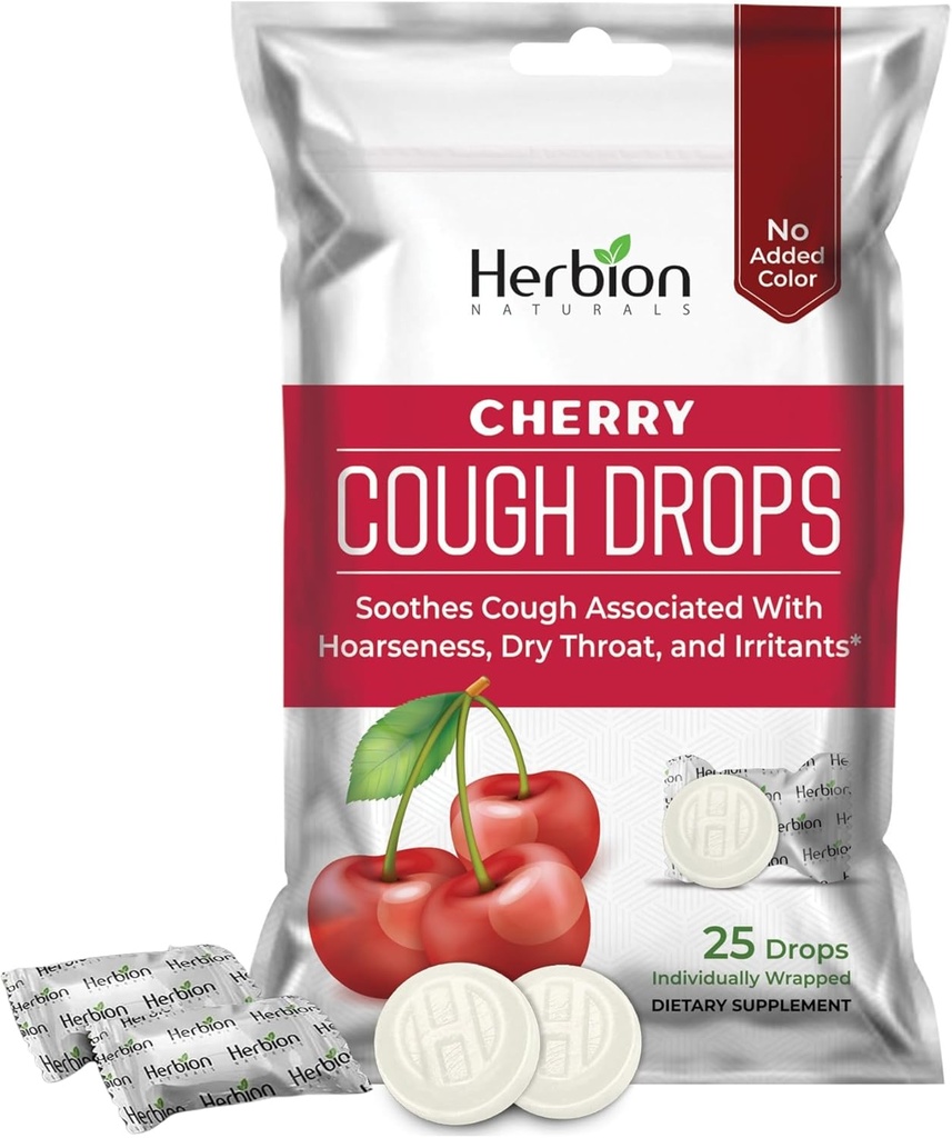 HERBION Naturals Cough Drops with Natural Cherry Flavor, Dietary Supplement, Soothes Cough, for Adults and Children Over 6 Years, 25 Drops, No Artificial Flavor, Confezione da 1
