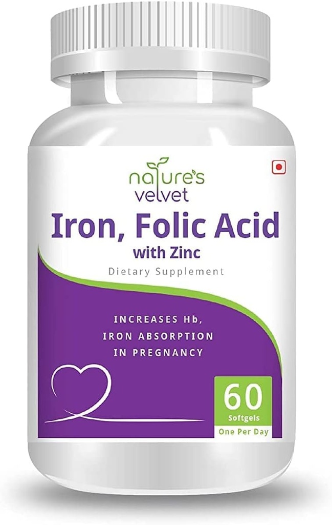 Natures Velvet Lifecare Iron & Acido Folico con Zinco,per Supplemento in Gravidanza, 60 softgels
