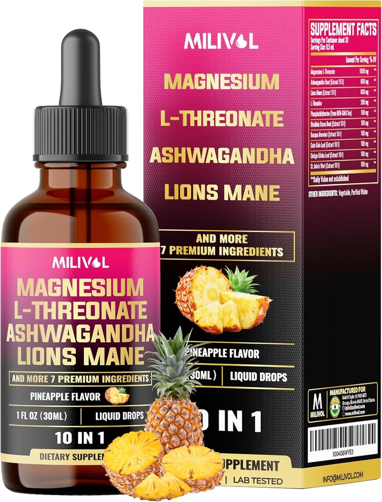 10in1 Magnesio L-Threonate gocce liquide con Ashwagadha, Lions Mane & 7 Più erbe - 1 Fl Oz - ananas Flavor