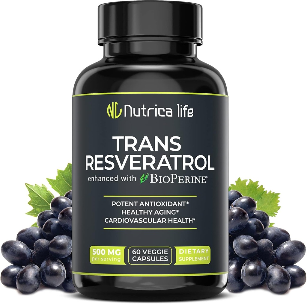 Trans Resveratrolo Supplemento 500mg Potent Anti Aging Formula, potente antiossidante per il cuore e la salute cellulare, Brain Booster Integratori con Bioperine, 60 Vegan Caps