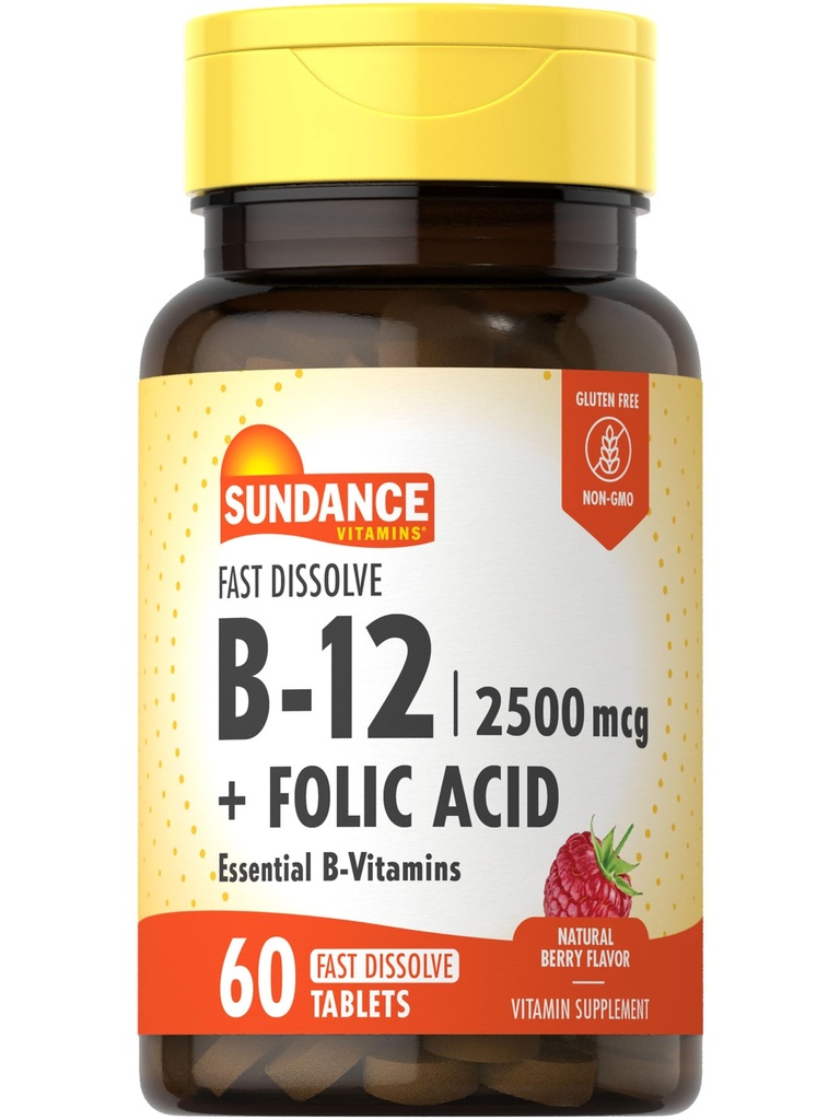 Sundance Fast Dissolve Vitamina B-12 | con acido folico | 2500mcg | 60 Count | Natural Berry Flavor | Vegetariano, Non OGM e Gluten Free Supplement