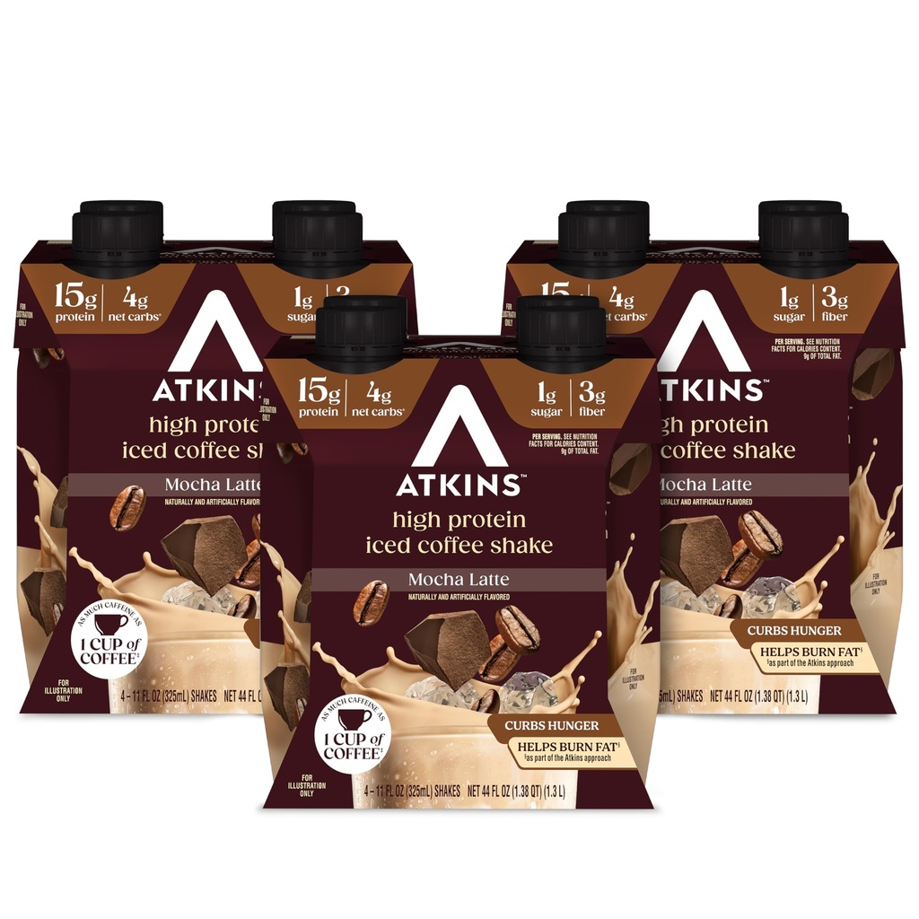 Atkins Mocha Latte Iced caffè aromatizzato Protein Shake, alta proteina, basso glicemico, basso carb e basso zucchero Shakes, Keto-Friendly, 12 Pack