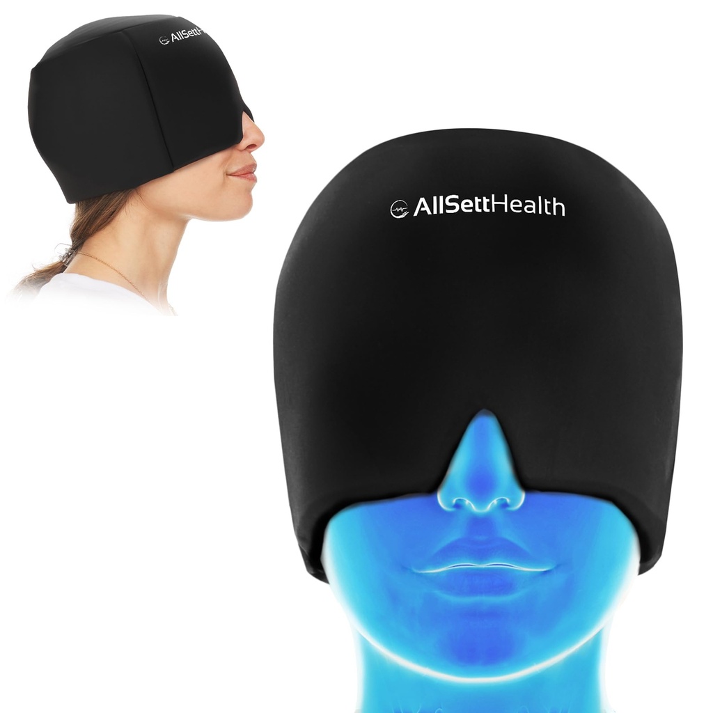 Migraine Relief Cap Ice Head Wrap e Hat | Hot/Cold Gel Pack con Face and Eye Mask Compress for Headache Relief - Nero