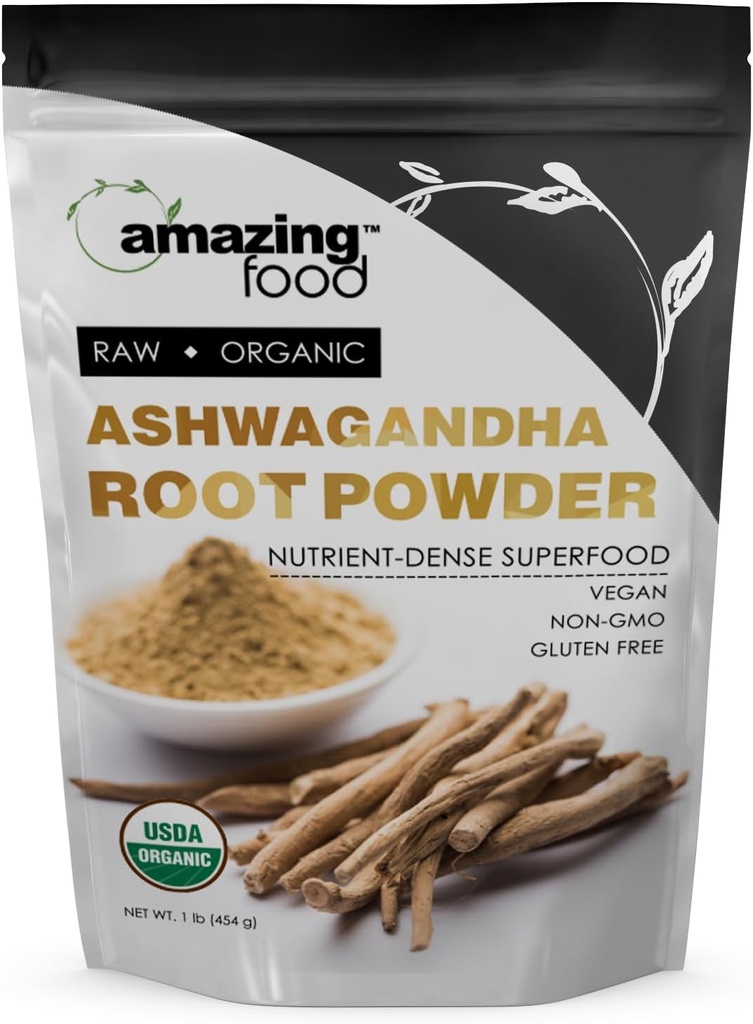 Amazing Food Ashwagandha Root | 1 Lb Powder | USDA Certified Organic Supplement | Vegan | Non OGM | Gluten Free | Made in USA