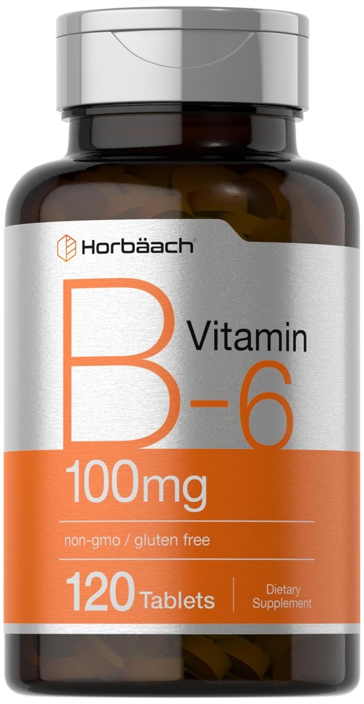 Horbaach Vitamina B6 100mg | 120 compresse vegetariane Pyridoxine HCl | Non OGM & Gluten Integratore gratuito