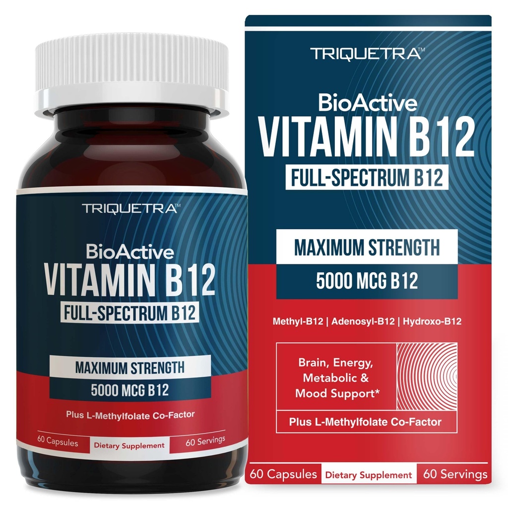 BioActive Vitamin B12 - 5000 mcg, Contiene 3 forme BioActive B12 Plus Methylfolate Cofactor - Methyl B12, Adenosyl B12 & Hydroxy B12 | Supports Energy, Metabolism & Mood | Vegan, Non-GMO (60 Serve)