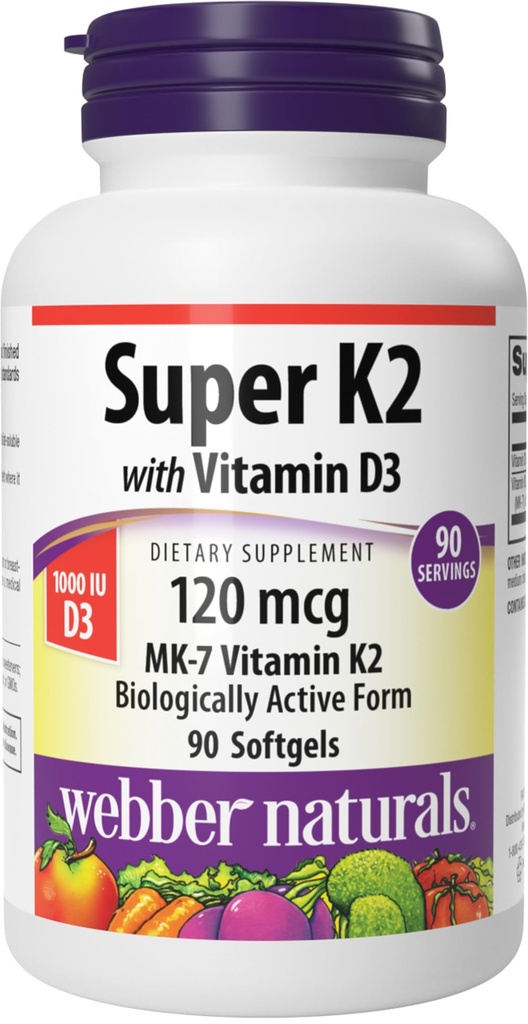 Super Vitamina K2 MK-7 120 mcg con vitamina D3, 90 Softgels, Supporta Bones, denti e sistema cardiovascolare