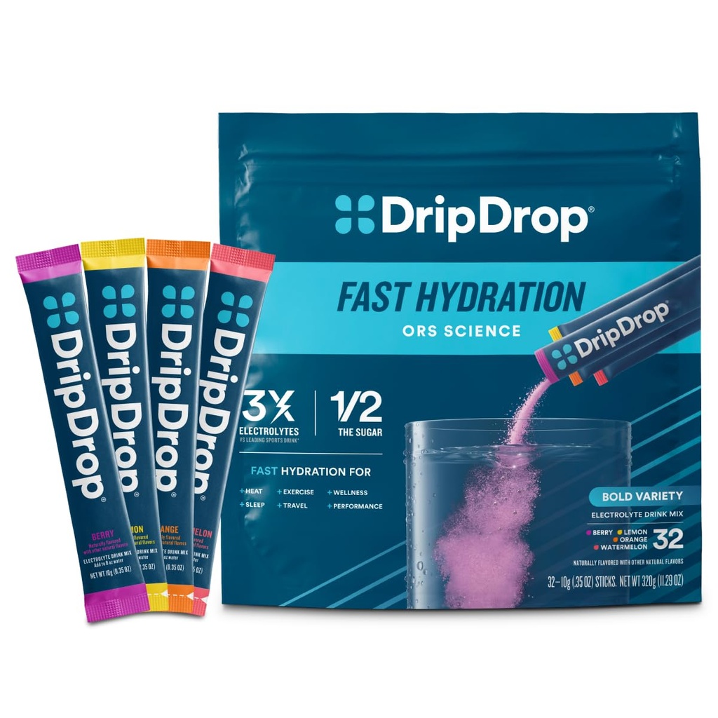 DripDrop Hydration Packets - Bold Variety Pack - Single Serve Electrolytes Powder Drink Mix - Watermelon, Berry, Lemon, Orange - Non OGM, Gluten Free, Vegan - 32 Sticks