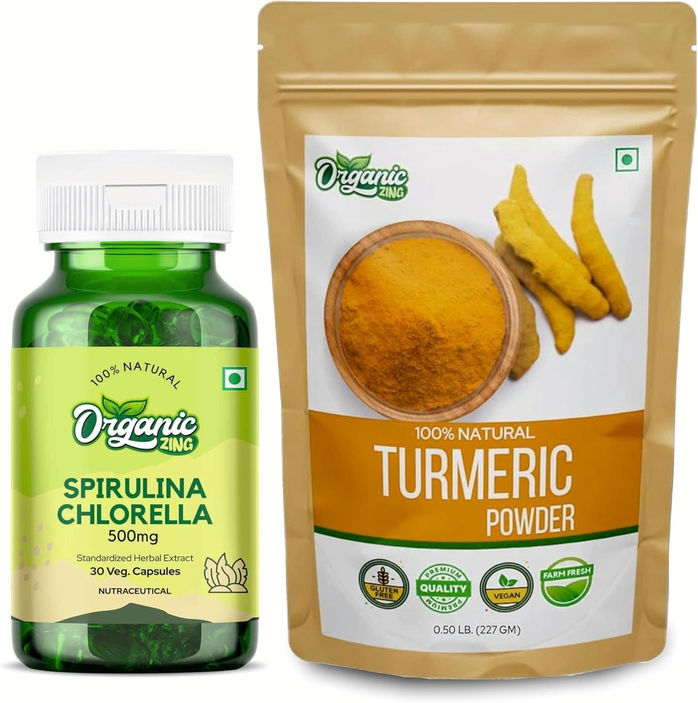 ORGANIC ZING Spirulina Chlorella- 30Cap & polvere di curcuma- 227g