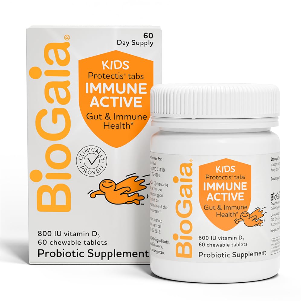 BioGaia Immune Active Kids | Probiotico + Vitamina D | per la salute digestiva e immunitaria | Età 3+ | Allergeni, Latticini, Soia e Gluten Free | Fiduciati da Pediatricisti | Alimentazione di 60 giorni