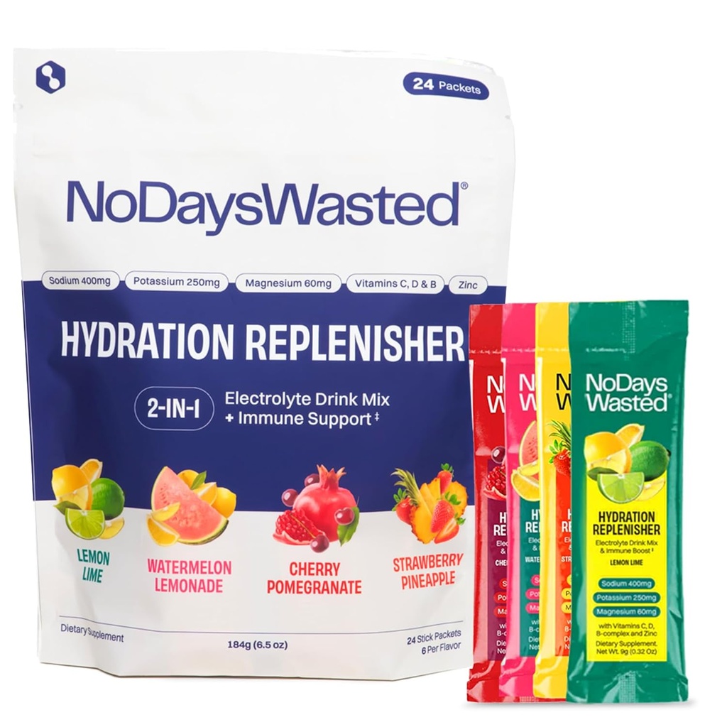 No Days Wasted Hydration Replenisher Electrolyte Stick Packets| Essential Rapid Hydration & Vitamins | Sodio, Potassio, Magnesio, Vitamine B, C, D, Zinc | 4 Flavor Variety Pack