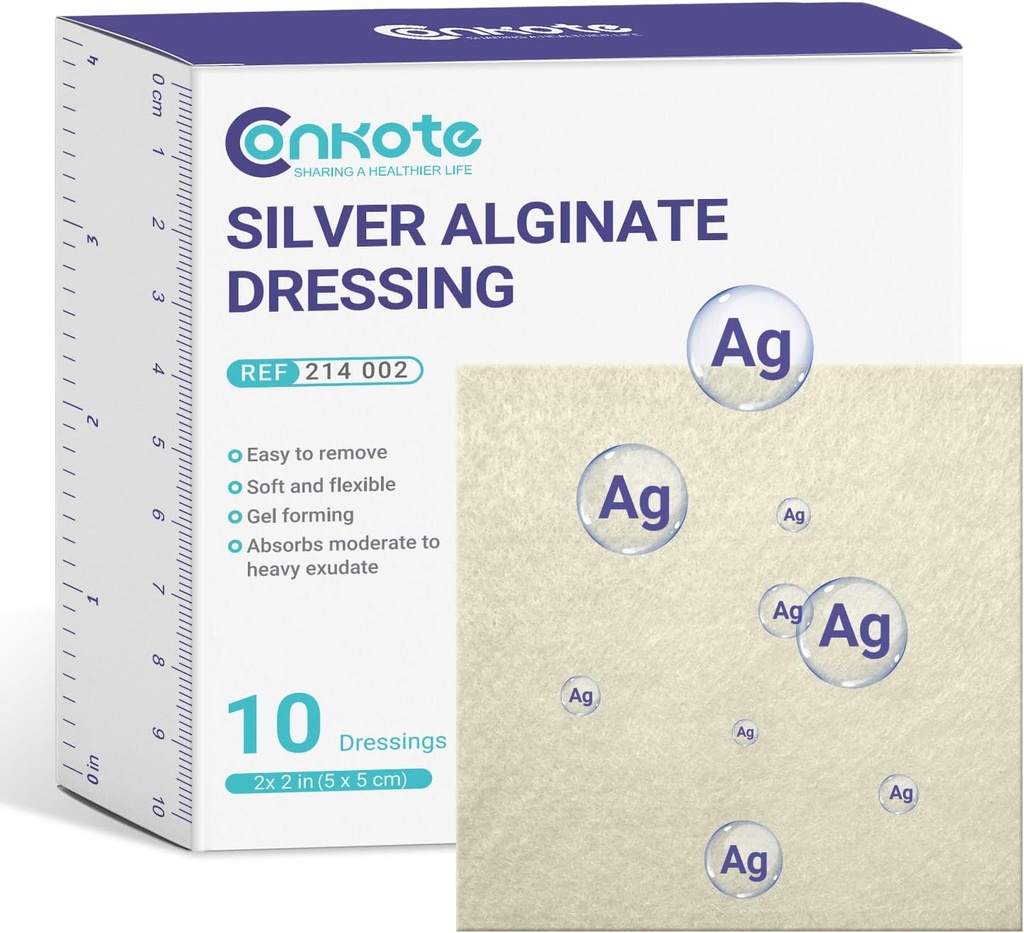 Conkote Silver Alginate Wound Dressing Pads 2” x 2”, 10 Pack, Patch Ag non-Stick Padding, Altamente assorbente per pressione Ulcer, Sore del letto e piede diabetico Ulcer