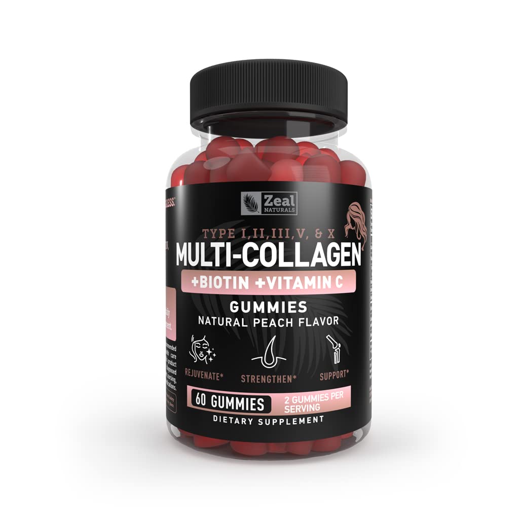 Multi Collagen Peptide Gummies (1, 2, 3, 5 & 10) + Vitamina C + Biotina + Acido Ialuronico | Supporta capelli sani, pelle e unghie | Non OGM e senza glutine | Natural Peach Flavor | 60 Gummies