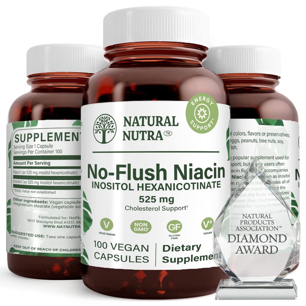 Nutra naturale No Flush Niacin, vitamina B3 supplemento, aiuta migliorare la salute cardiovascolare, aiuta a migliorare la texture della pelle, promuove una migliore funzione del cervello, aiuta a migliorare il livello di energia 525 mg, 100 capsule