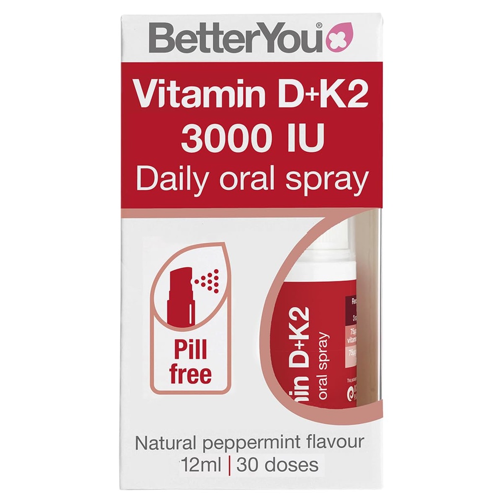 BetterYou D3000 e K2 Vitamin D Daily Oral Spray - Comoda alternativa per le compresse - Supporta la salute e il miglioramento del sistema immunitario - Previene la chiusura del sangue - Natural Peppermint Flavor - 0.4 oz