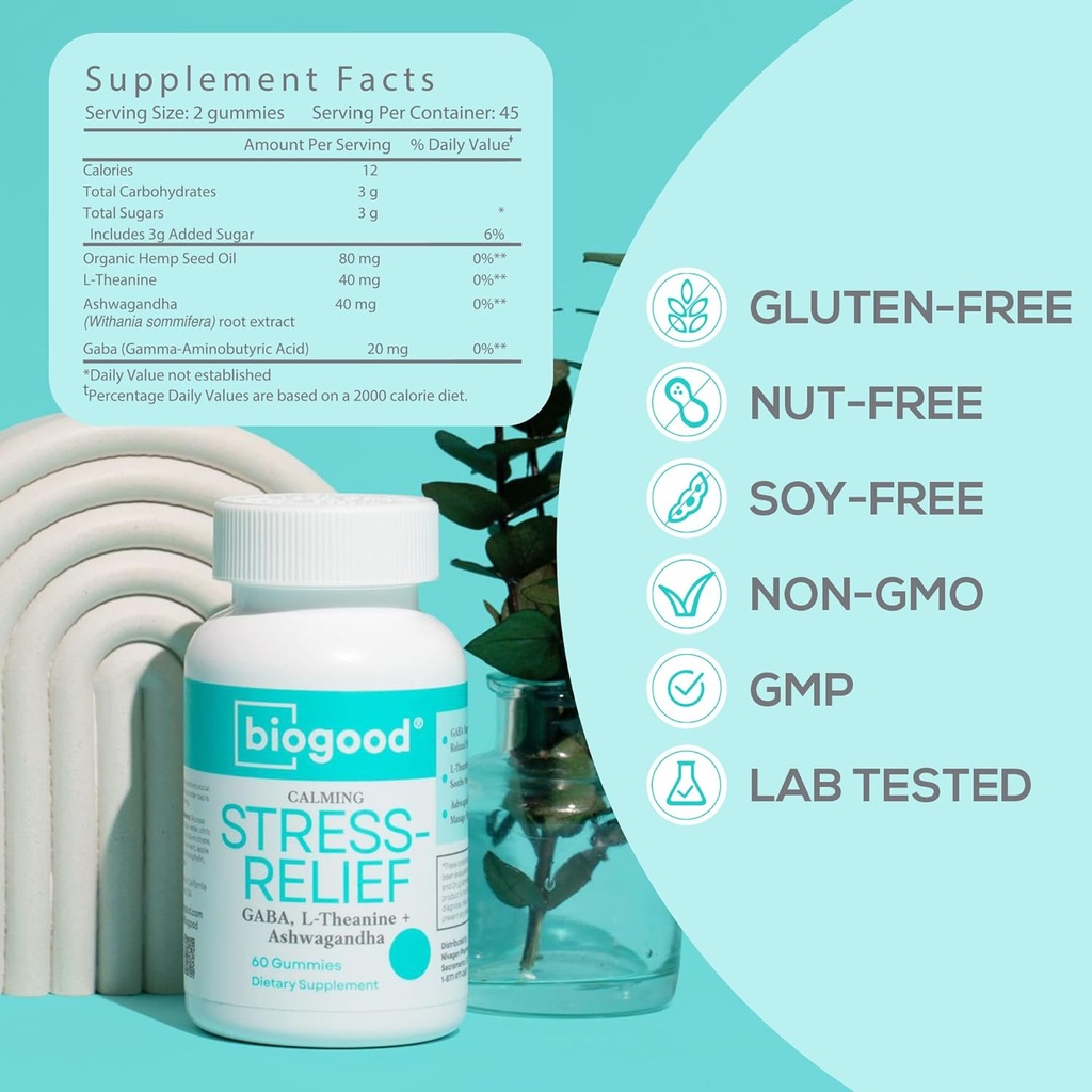 Stress-Relief con Ashwagandha + L-teanina, GABA | Dose giornaliera, 60 Gummies