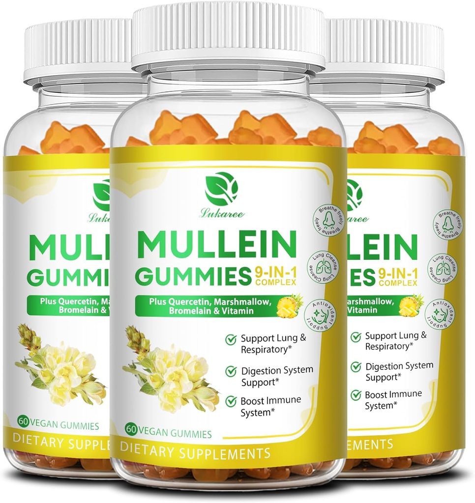 (3 Pack) 9 in 1 Gummie di Mullein per la pulizia polmonare & Detox, Estratto di foglie di Mullein ad alta resistenza w/Quercetin, Bromelain, Elderberry & Marshmallow per il respiratorio, Immune & Digestive, Vegan,180 Conte