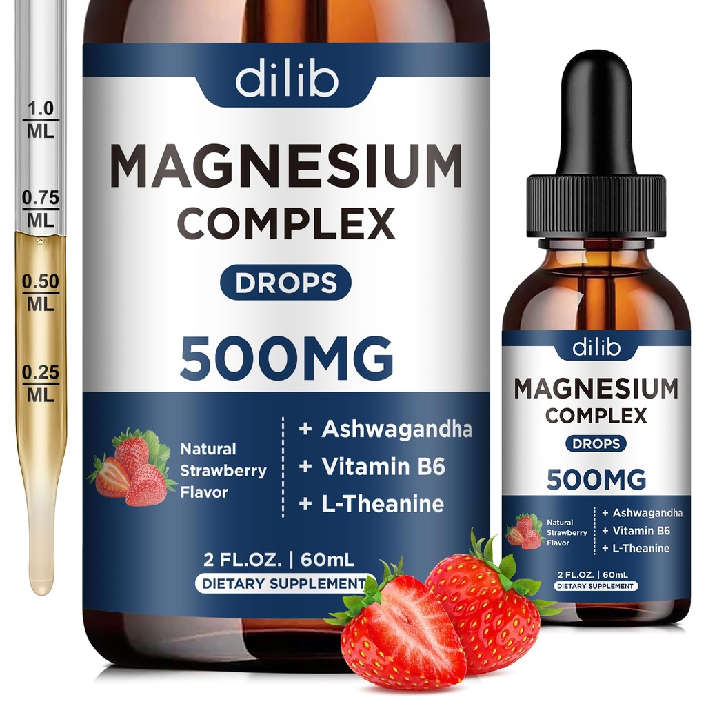 Triple Magnesium Complex Supplement-Magnesium Glycinate, Citrato, Malate Liquid Drops 500mg con Ashwagandha, L-teanina, Vitamina B6 per Stress Relief, Sonno, Supporto muscolare-Strawberry Flavor